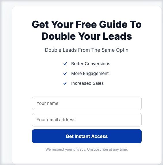A published opt-in page with a headline, benefit bullets, name and email fields and a Get Instant Access button